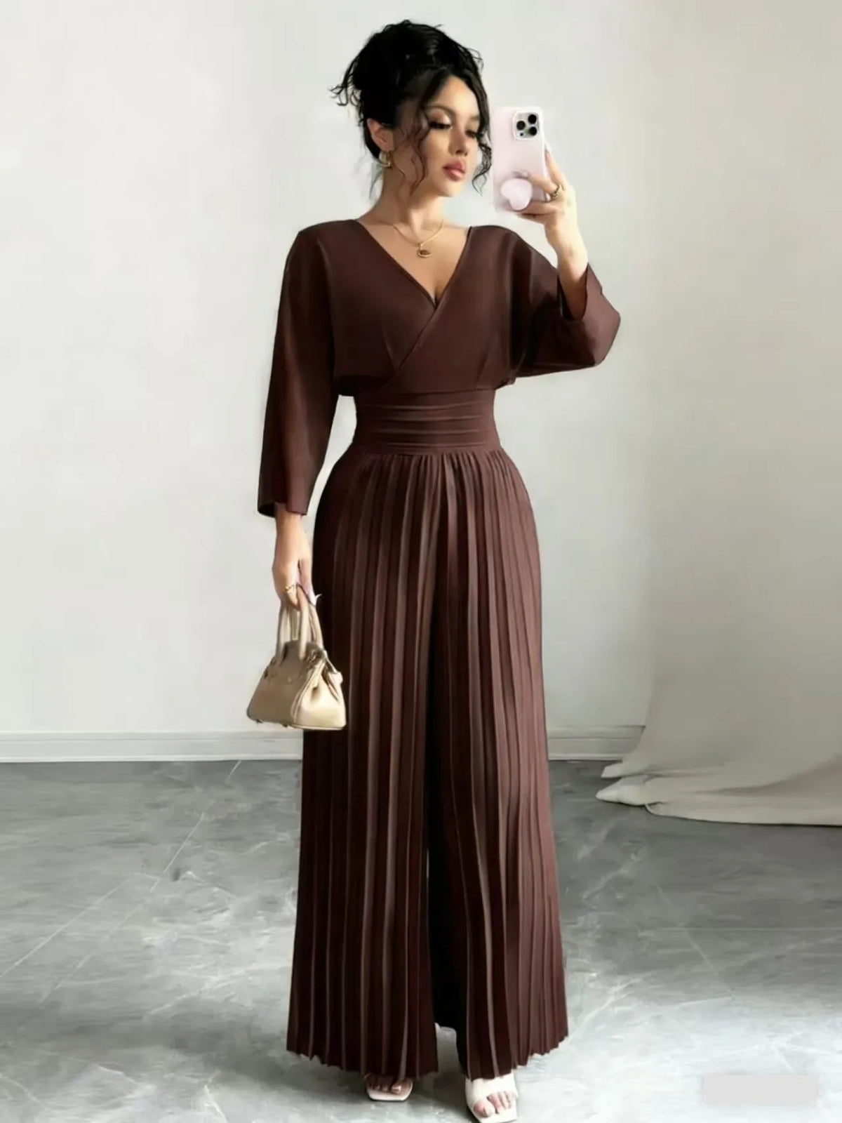 Pleated High Waist Wide Leg Capri Jumpsuits 2026 Trend V Neck Wrap Elegant Women's Palazzos White Three Quarter Long Romper
