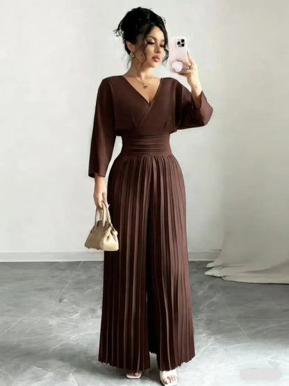Pleated High Waist Wide Leg Capri Jumpsuits 2026 Trend V Neck Wrap Elegant Women's Palazzos White Three Quarter Long Romper