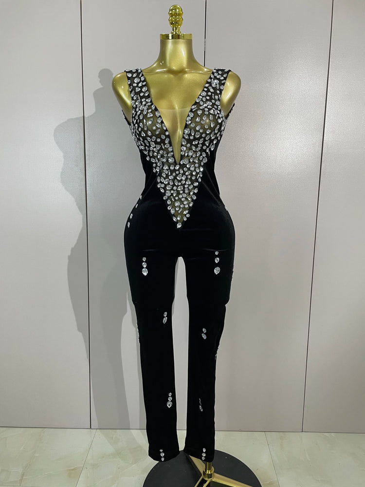 Sexy Sparkly Rhinestones Black Velvet Jumpsuit Women Performance Dance Costume Celebrate Club Luxury Birthday Party Stage Outfit