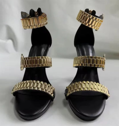 Womens Silver Watch Embellished Strap Sandals Sexy Stilettos Heel Sandals Open Toe Ladies Chain Detail Gladiator Sandals 35-44