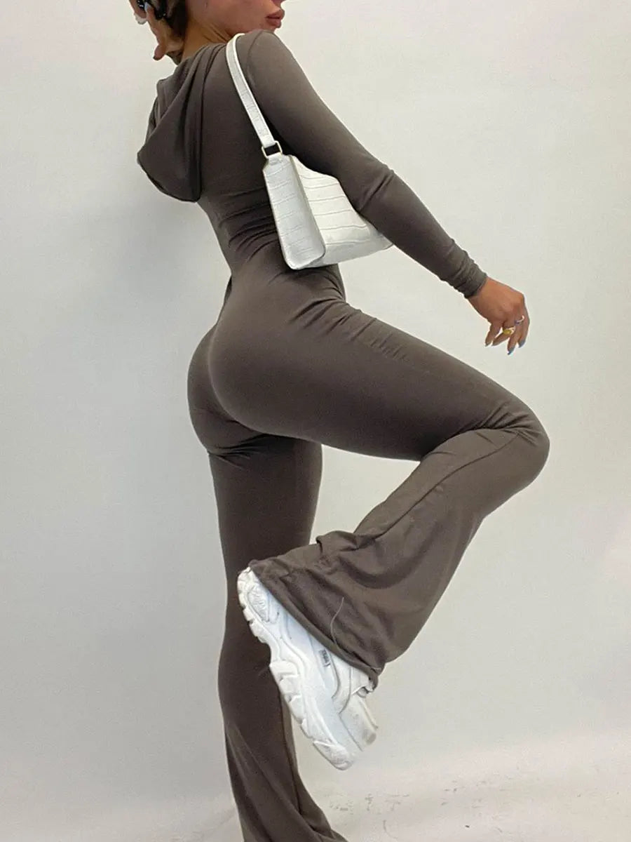 Women's Zip Up Hooded Jumpsuit New Streetwear Flare Rompers Solid Color Skinny Long Sleeve Jumpsuits Luxury Clothes Women Hot