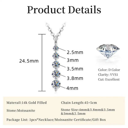 Lnngy Brilliant 5-Stone Moissanite Necklace 14K Gold Filled Long Drop Pendant Necklace for Women Female Jewelry Accessories