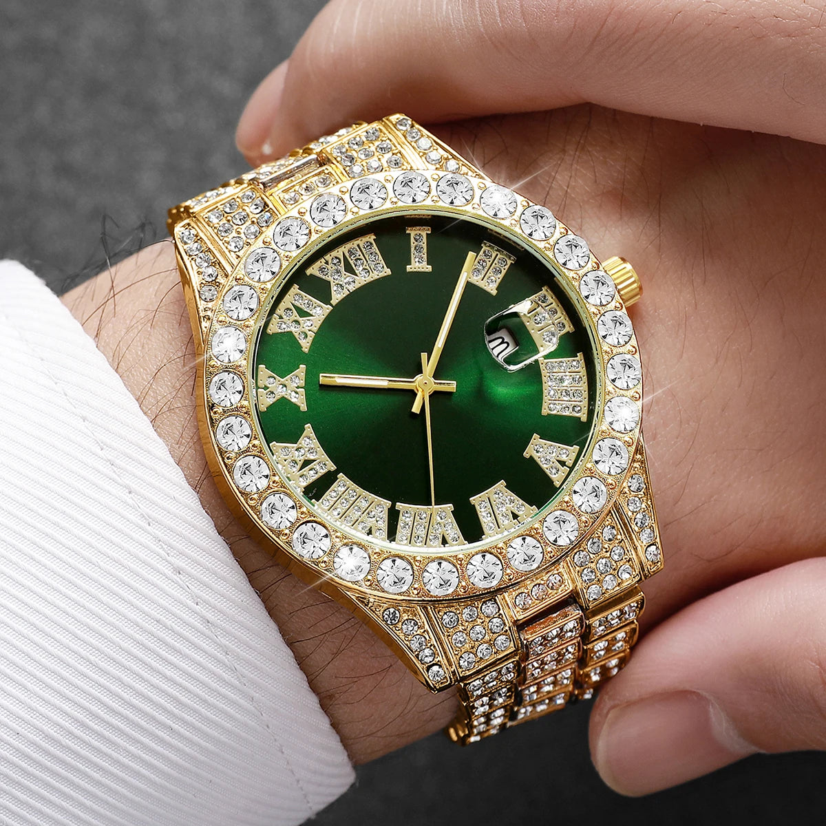 3PCS/Set Fashion Men Watches Luxury Rhinestone Roma Dial Quartz Watch Calendar Clock for Man Gifts Reloj Hombre（Without Box）