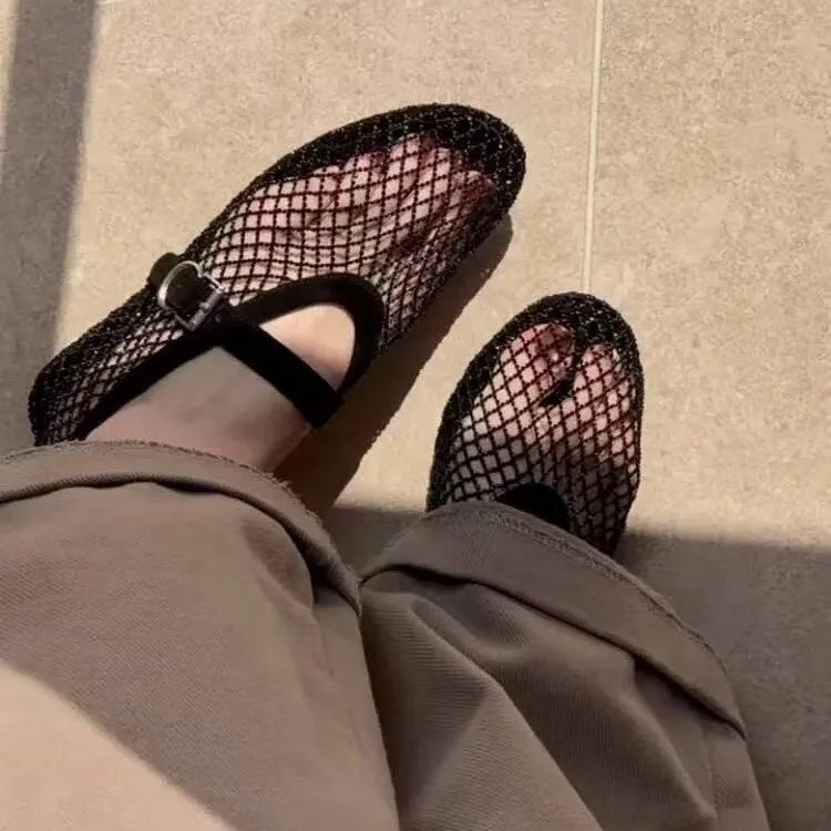 2026 New Model~ Fishnet Rhinestone Ballet Flat Mary Jane Women's Shoes with Hollowed-Out Strap