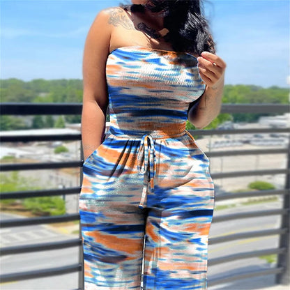 Women's Sexy Strapless One Piece Printed Pants Summer Fashion Lace Up High Waisted Slim Sleeveless Female Beach Holiday Jumpsuit