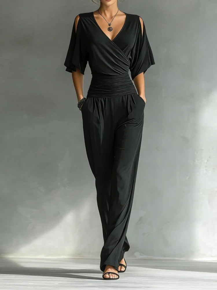 Summer Women's High Waist Party Rompers Elegant Simple Half Sleeve Playsuits Overalls Solid Color V-neck Loose Pocket Jumpsuits