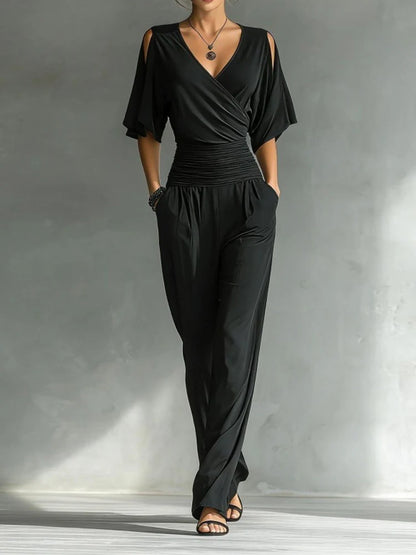 Summer Women's High Waist Party Rompers Elegant Simple Half Sleeve Playsuits Overalls Solid Color V-neck Loose Pocket Jumpsuits