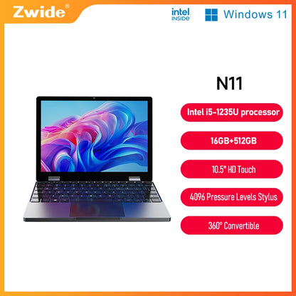 Zwide N11 Mini Laptop 10.5-inch Core i5-1235U Slim Business Office Portable Pocket Tablet PC