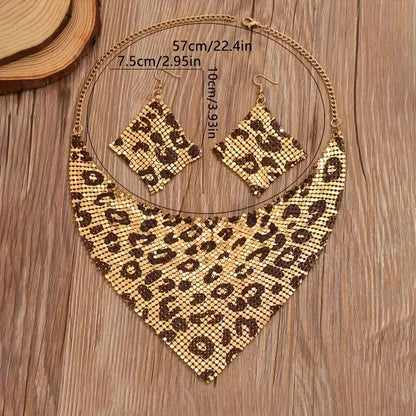 3PCS Women Leopard Necklace + Earring Set Fashion Sexy Bright Beads Triangle Scarf Collarbone Chain Earrings Jewelry Set