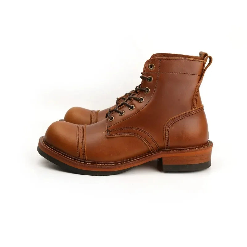 Vintage British High Quality Handmade Men Boots Cow Leather Round Toe Wedge Ankle Boots Spring Winter Tooling Motorcycle Boots