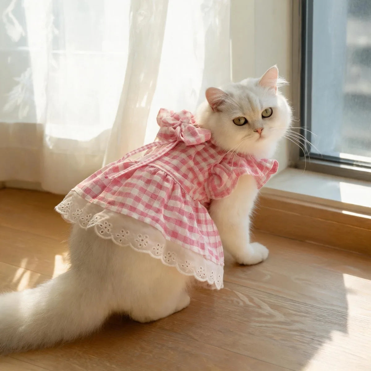 New Pet Clothing with Flying Shoulder Sleeves and Checkered Lace Dog Skirt, Cat Clothing Skirt