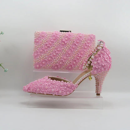 AB Pink Pearl Flower Wedding Shoes With Matching Bags High Heels Pointed Toe Ankle Strap Ladies Party Shoe and Bag Set