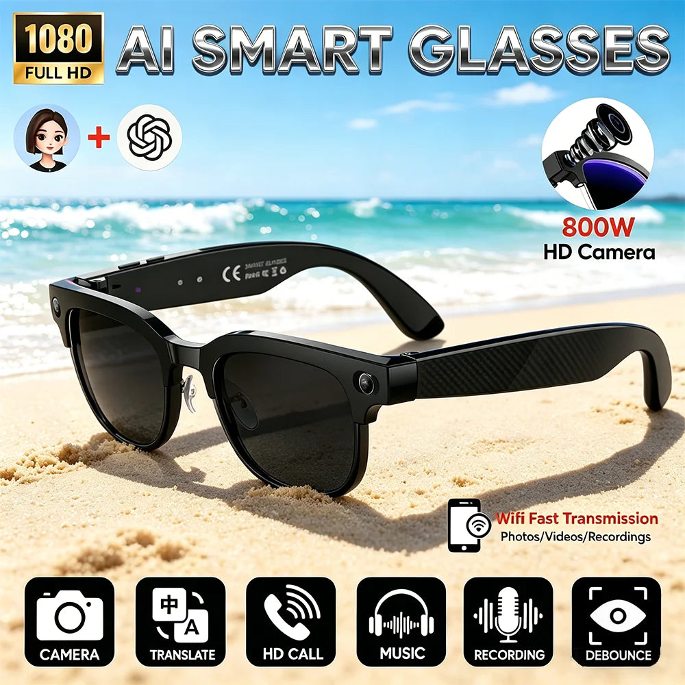 AI smart glasses, high-definition video recording, voice calling and music functions, suitable for travel and outdoor activities