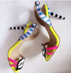 Women Slingback Sandal String Beading Heel Yellow Pink Printed Leather Gladiator Pearl Heels Patchwork Celebrating Summer Shoes