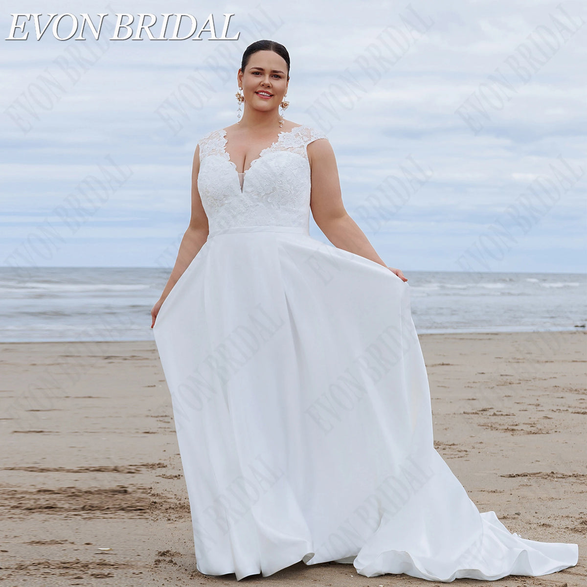 EVON BRIDAL Plus Size Spaghetti Strap Wedding Dress Lace Appliques Satin Bride Dresses Classic A-LINE Bridal Gown Custom Made