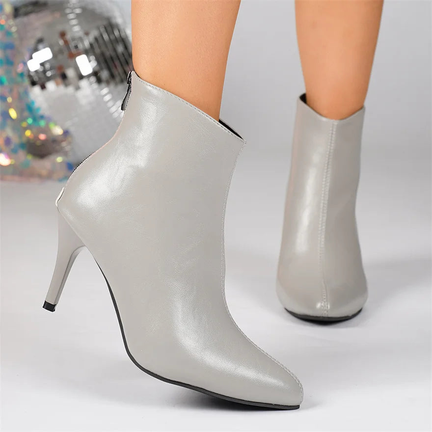 New Winter Soft PU Leather Women Ankle Boots Pointy Toe Side Zipper High Heels Stiletto Shoes Black Sexy Ladies Work Boots Party