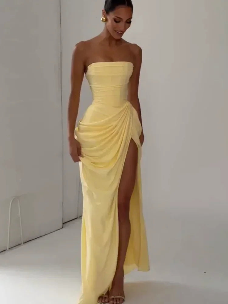 Solid Pleated Strapless Women's Dress Backless Off-shoulder High Waist Split Female Dresses 2026 Sexy Summer Evening Party Gown