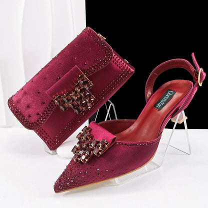 Doershow   New Arrival African Wedding Shoes and Bag Set WINE Color Italian Shoes with Matching Bags Nigerian lady party SK1-1