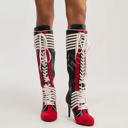 Black Red Color Block Striped Knee High Boots Women 2026 New Full Lace Up Thin Stiletto High Heel Fashion Streetwear Long Boots