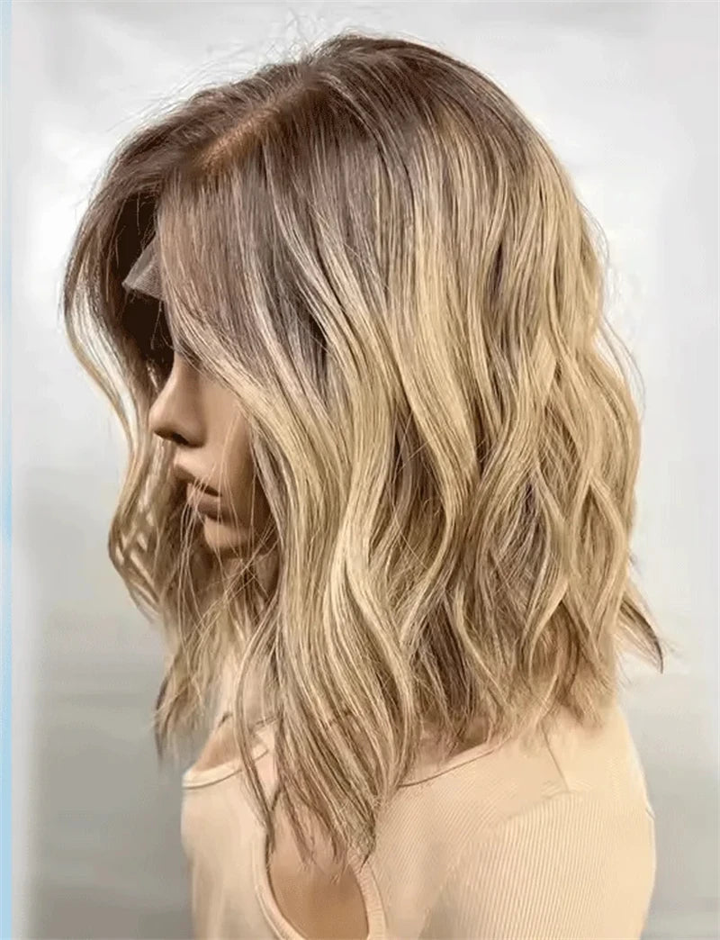 12" Short Bob Lace Front Wigs Honey Blonde Highlight Caramel Brown Synthetic Wig Bouncy Waves Brown Roots Hair-loss Cosplay Wig