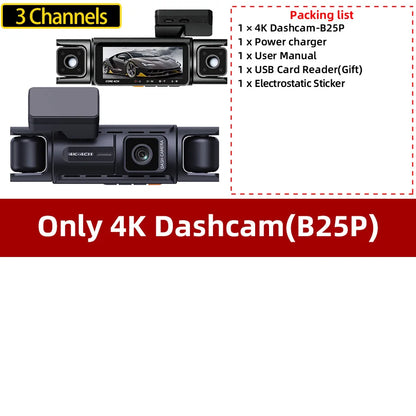 4 Channel GPS WIFI Car Dash Cam 360 Panoramic 8 IR Night Vision Lights 24H Parking Front 4K Inside/Rear/Left 1K Video Recorder