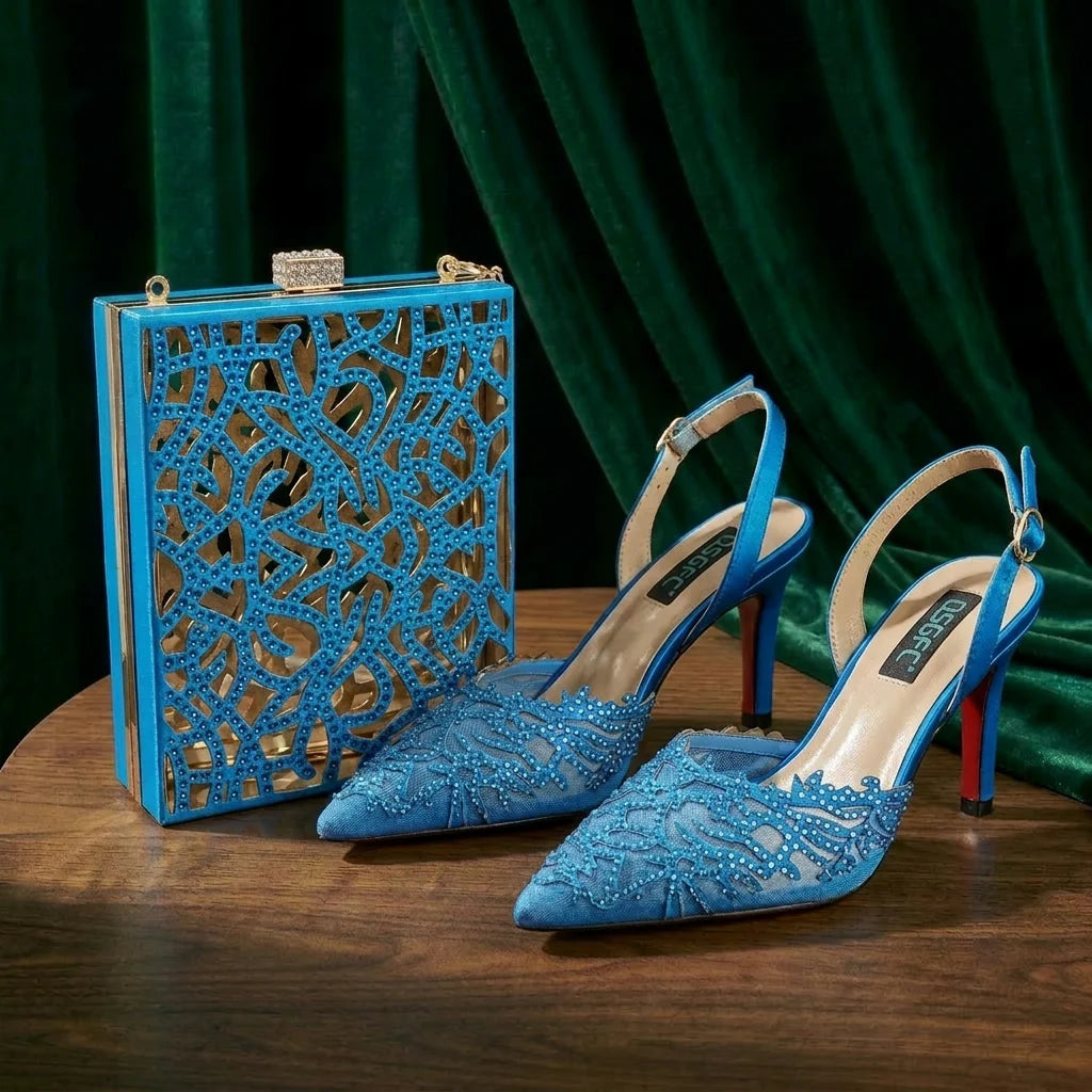 Luxury African Nigerian Bride Party Shoes Sky Blue All Rhinestone Pointed Heels Matching Shoe Bag Set