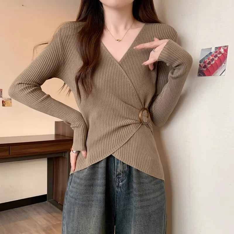Women Wrap V Neck Ribbed Knit Top Metal Ring Buckle Flare Long Sleeve Slim Sweater