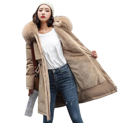 Winter Women Jacket Furry Hood Cotton Jacket Plus Size Zipper And Button Closure Plush Lining Cotton Coat Windproof Warm Coat