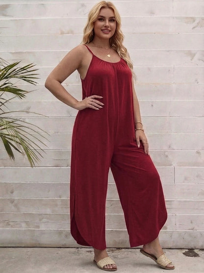 Women's Plus Size Spaghetti Strap Wide Leg Jumpsuit Loose Casual Summer Red