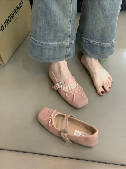 Women's Square Toe Shoes New Luxury Bow Flats Ladies Ballet Silver Belt Buckle Footwear Elegant Fashion Mary Jane Shoes Zapatos
