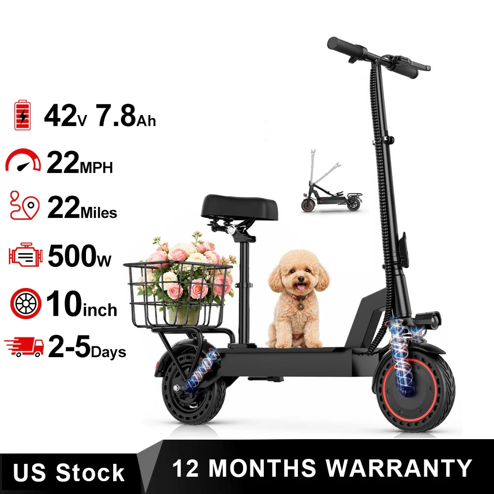 10inch Solid Tire Electric Scooter with Basket 7.8AH Battery 22Miles Max Range 22MPH Max Speed Dua Shock Absorption Foldable Adult E-scooter