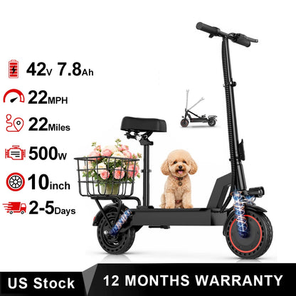 10inch Solid Tire Electric Scooter with Basket 7.8AH Battery 22Miles Max Range 22MPH Max Speed Dua Shock Absorption Foldable Adult E-scooter