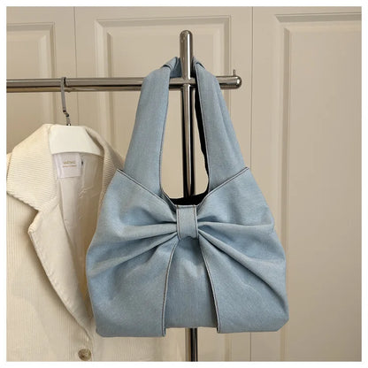 Sweet Bowknot Design Women's Denim Shoulder Bags Commuter Thread Ladies Handbags Casual Lightweight Female Underarm Tote Bag