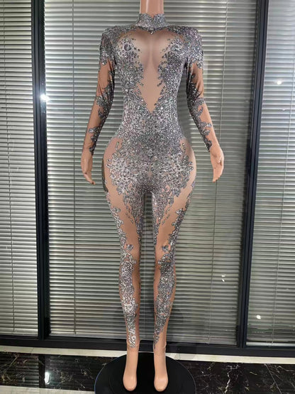 Sexy Luxury Fashion Long Sleeves Diamond Rompers Club Dance Stage Costumes Sexy Party Playsuits Women Rhinestones Jumpsuits