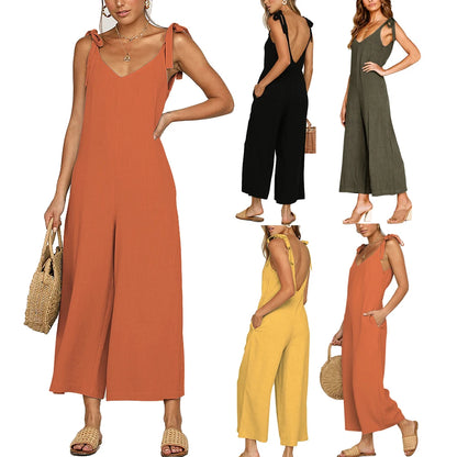 2023 summer women's clothes capris bowknot suspenders women