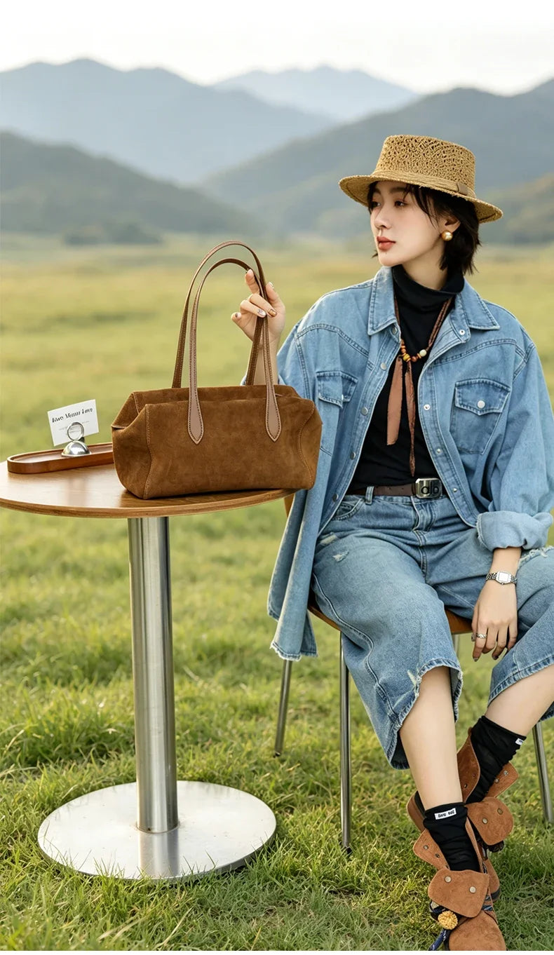 New Women's Natural Suede Leather long handle Shoulder Bag Luxury Designe Genuine Suede Leather Handbags Shopping Underarm Bag