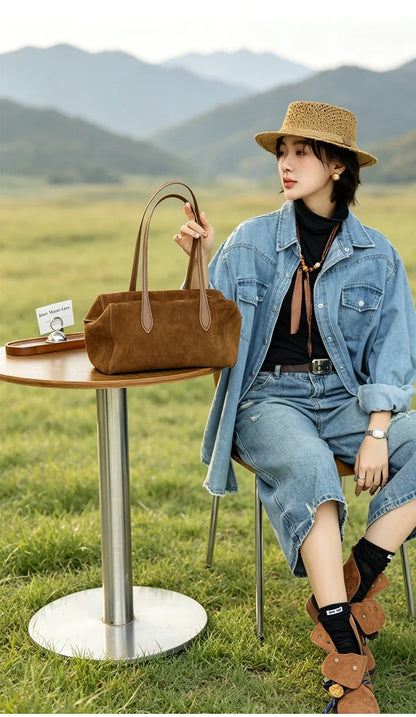 New Women's Natural Suede Leather long handle Shoulder Bag Luxury Designe Genuine Suede Leather Handbags Shopping Underarm Bag