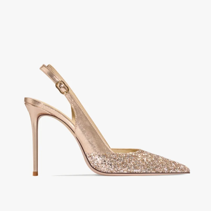 2025 New Summer Luxury Heeled Sandals Gold Sequins Back Strap Pointed Toe Stiletto Pumps Elegant Comfortable Prom Women's Shoes