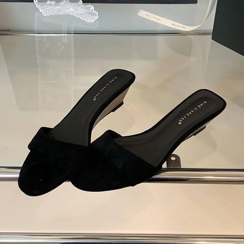 Flock Fashion Round Toe Women Wedges Slippers Sandals Shoes Luxury Female Slides Footwear Sexy Ladies Heeled Slippers Shoes