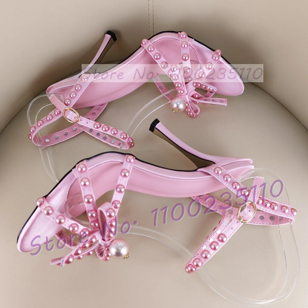 Pink Pearl Bowknot High Heels Sandals Women Sweet Luxury Cross Strap High Heels Sandals Women Luxury Elegant Party Shimmer Shoes