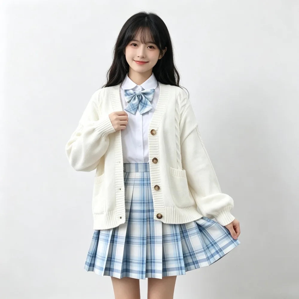School Autumn Winter Lazy Style Japanese JK Knit Cardigan Loose College Sweater Plaid Skirt Matching Set For Campus Daily Class
