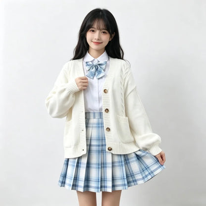 School Autumn Winter Lazy Style Japanese JK Knit Cardigan Loose College Sweater Plaid Skirt Matching Set For Campus Daily Class