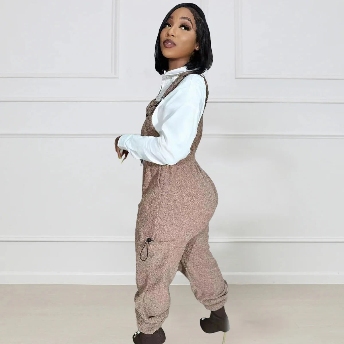 Lace Up Jumpsuit Women One Piece Jumpsuits Fur Rompers High Waist Spring Autumn Pants Mom Overalls Playsuits Elegant Pink