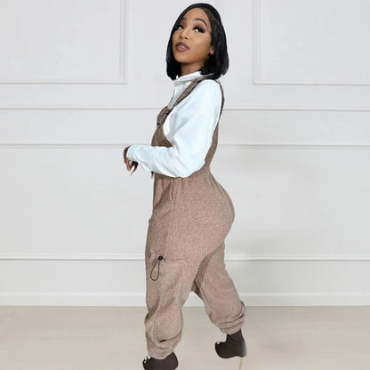 Lace Up Jumpsuit Women One Piece Jumpsuits Fur Rompers High Waist Spring Autumn Pants Mom Overalls Playsuits Elegant Pink