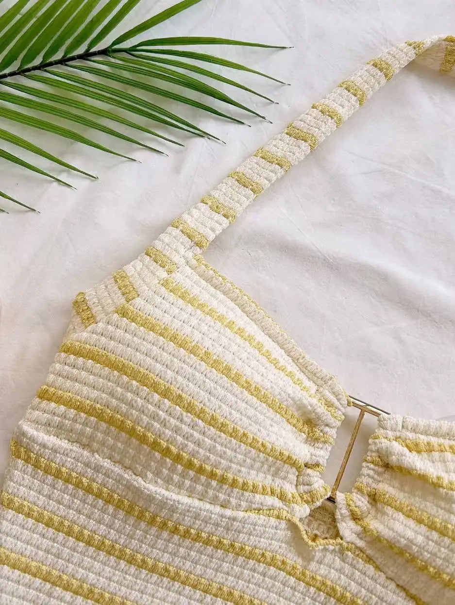 Summer Textured Knit Halter Top And Shorts Set Women Striped Sleeveless Backless Holiday Beach Two Piece Outfit