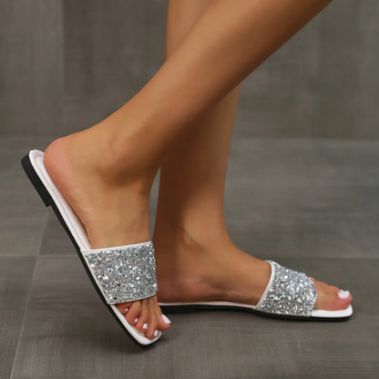 Glitter Bling Women Slippers Summer New Flat Beach Slippers Women Outdoor Luxury Sandals Designer Plus Size Shoes Slides Women