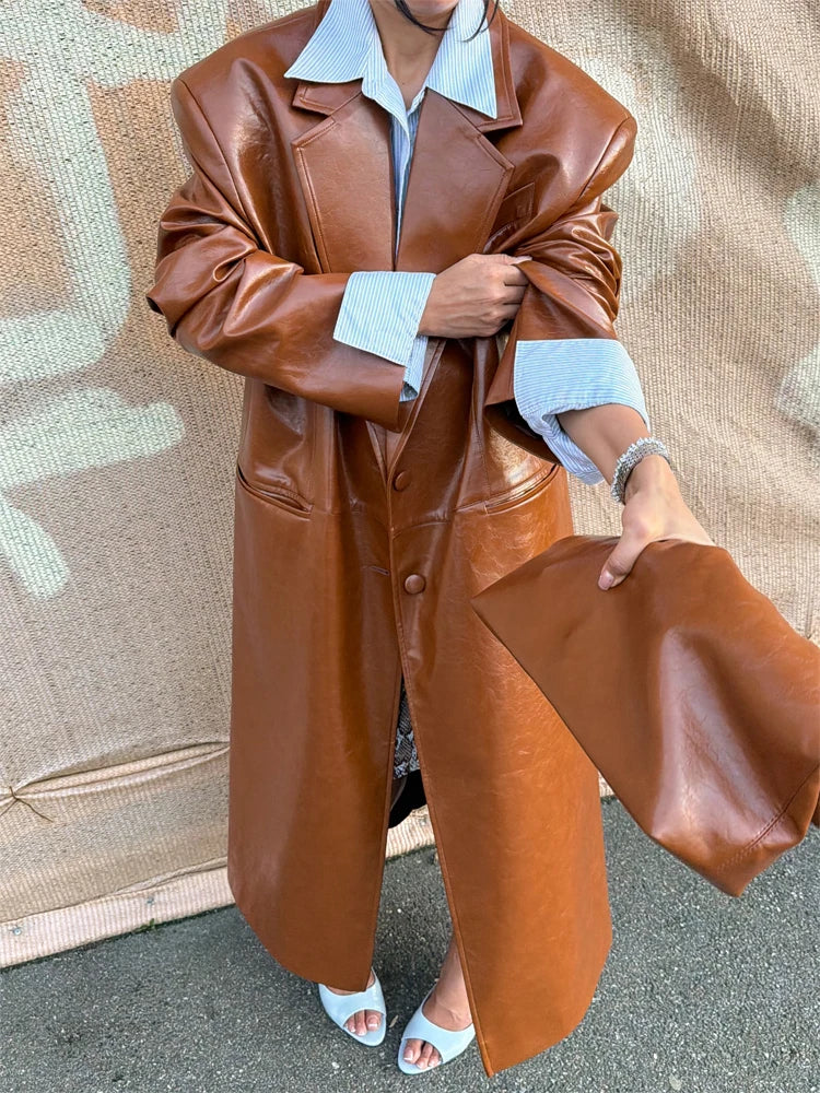 Women Brown Croc Embossed Faux Leather Maxi Trench Coat Lapel Single Breasted Straight Long Front Pockets Vintage Autumn Winter
