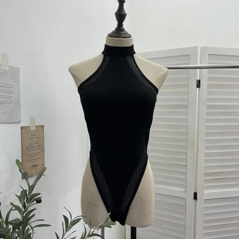 ISAROSE Summer Sexy Bodysuit for Women Stretch Braless Solid Color Back Zipper Sleeveless Basic Design Slim Halter Jumpsuit