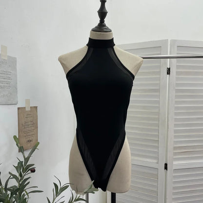 ISAROSE Summer Sexy Bodysuit for Women Stretch Braless Solid Color Back Zipper Sleeveless Basic Design Slim Halter Jumpsuit