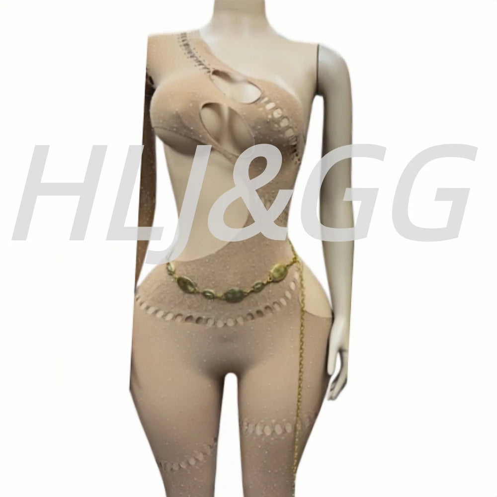 HLJ&GG Sexy Sparkling Rhinestone Hollow Bodycon One Piece Jumpsuits Women One Shoulder Long Sleeve Slim Playsuit With Chain 2025